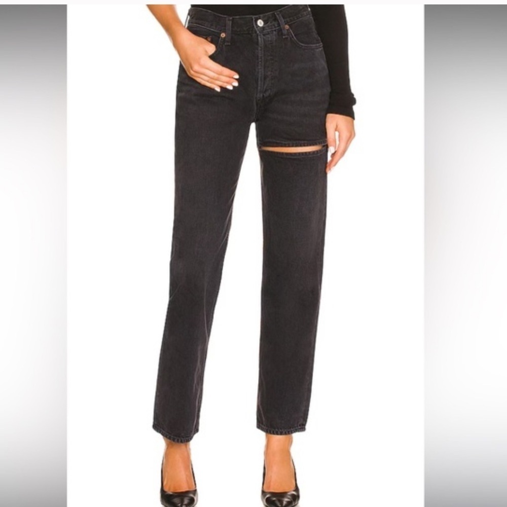 Re/Done 70s Stove Pipe Jeans in Black Noir with Rip Raw Hem Women's Size 24